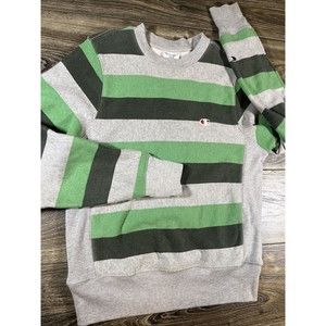 Champion Reverse Weave Sweater Mens Small -Gray & Green Stripes